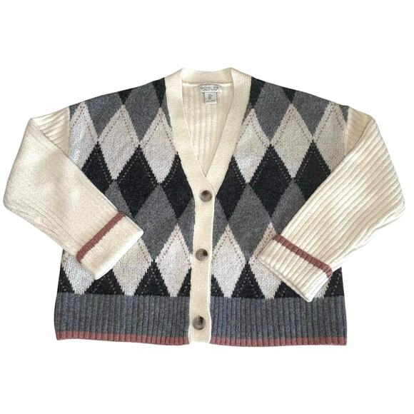 Rachel Zoe Argyle Cardigan Sweater Women's S | Cream & Gray | V-Neck | EUC - Picture 1 of 11